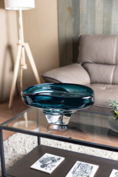 Handblown Asymmetrical Teal Glass Centerpiece Bowl