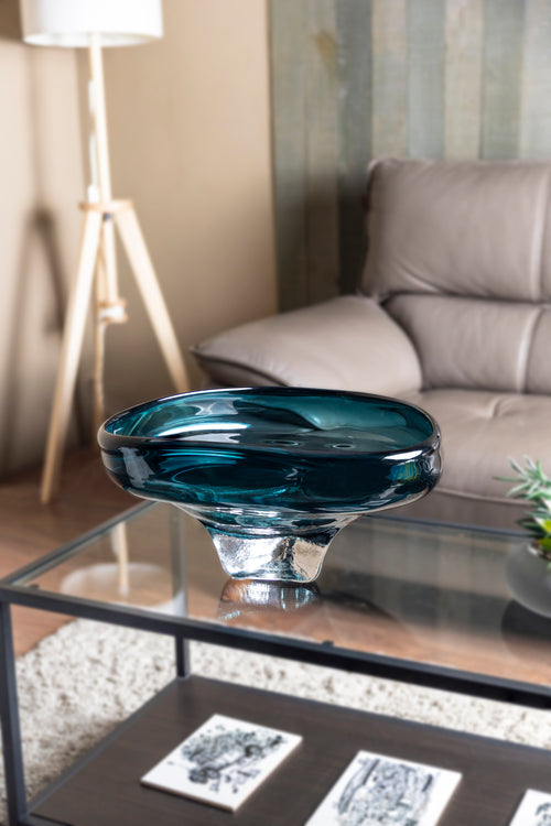 Handblown Asymmetrical Teal Glass Centerpiece Bowl