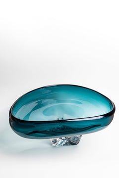 Handblown Asymmetrical Teal Glass Centerpiece Bowl