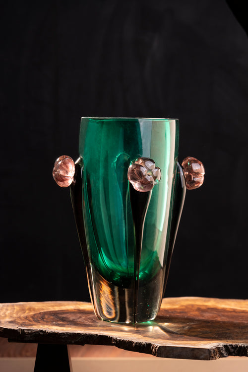 Emerald Blossom Glass Vase - Short
