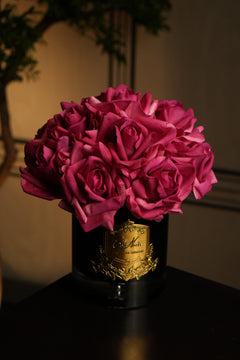 Grand Rose Bouquet In Dark Glass - Magenta (Black Box With Gold Badge)
