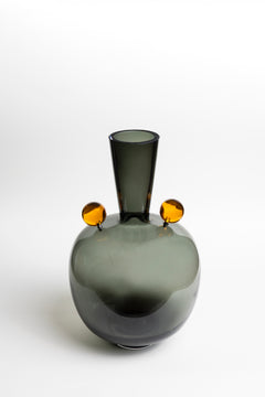 Smoky Charcoal Handblown Glass Vase with Dual Orange Orb Accents