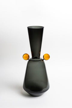 Smoky Slate Glass Vase with Dual Orange Orb Accents