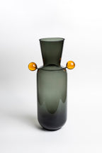 Smoky Glass Vase with Vibrant Orange Orb Accents