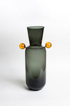 Smoky Glass Vase with Vibrant Orange Orb Accents