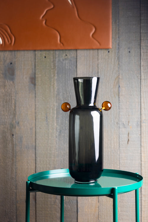 Smoky Glass Vase with Vibrant Orange Orb Accents