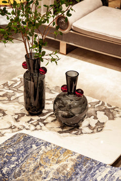 Smoky Glass Vase with Vibrant Orange Orb Accents