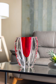 Handcrafted Amber - Red Beaded Glass Vase