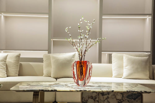 Handcrafted Amber - Red Beaded Glass Vase