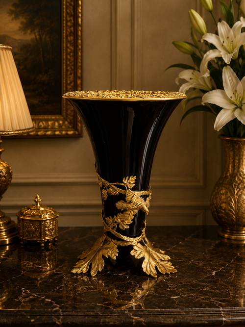 Songbird Black & Gold Vase