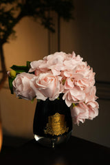Tea Rose Bouquet In Black Glass - Pink Hydrangea