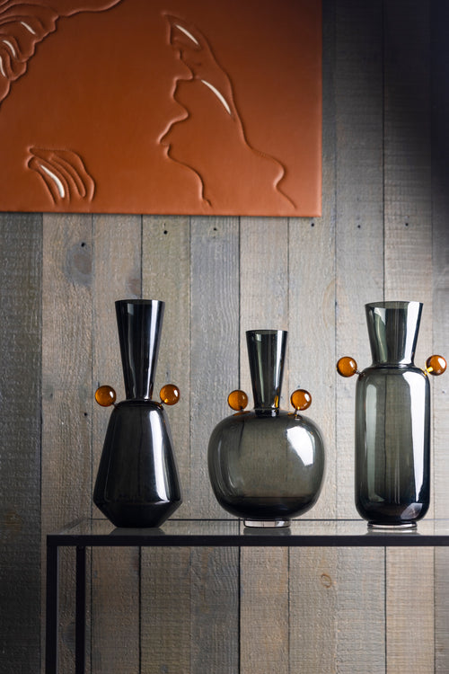 Smoky Slate Glass Vase with Dual Orange Orb Accents